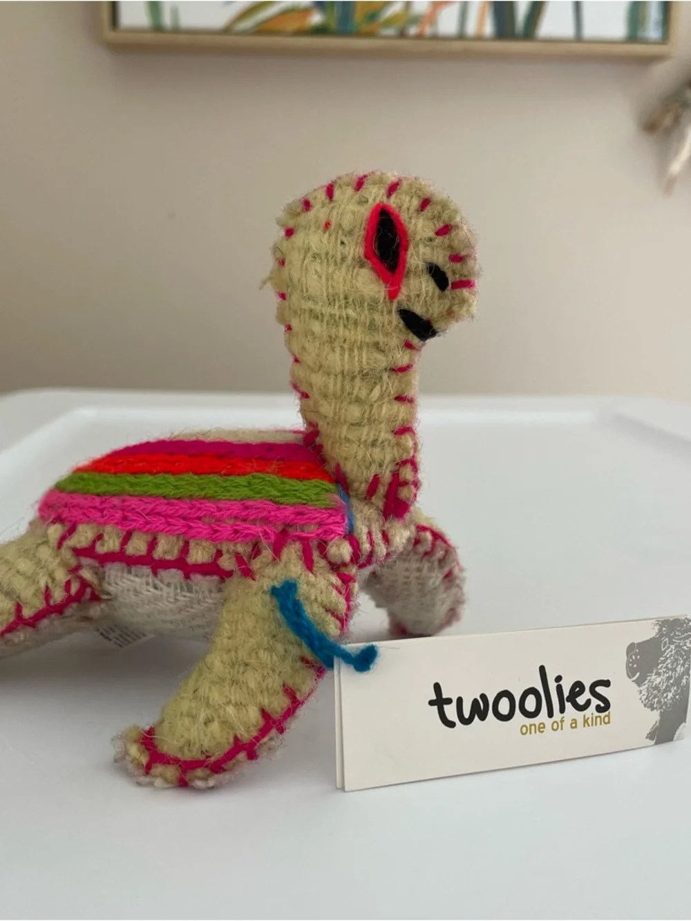 Twoolies Handcrafted Turtle Plush in Natural with Pink and Green Accents Wool